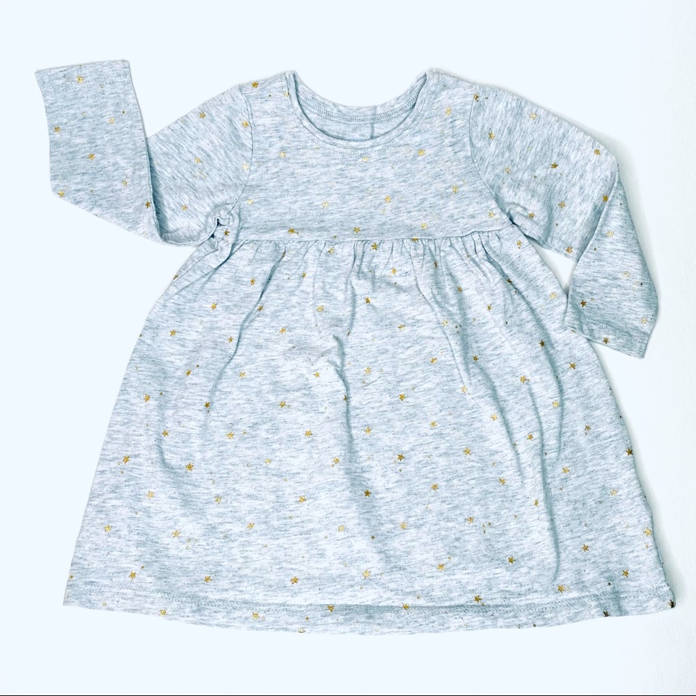 Old Navy glittery gold stars cotton long sleeve dress gray 12-18M
